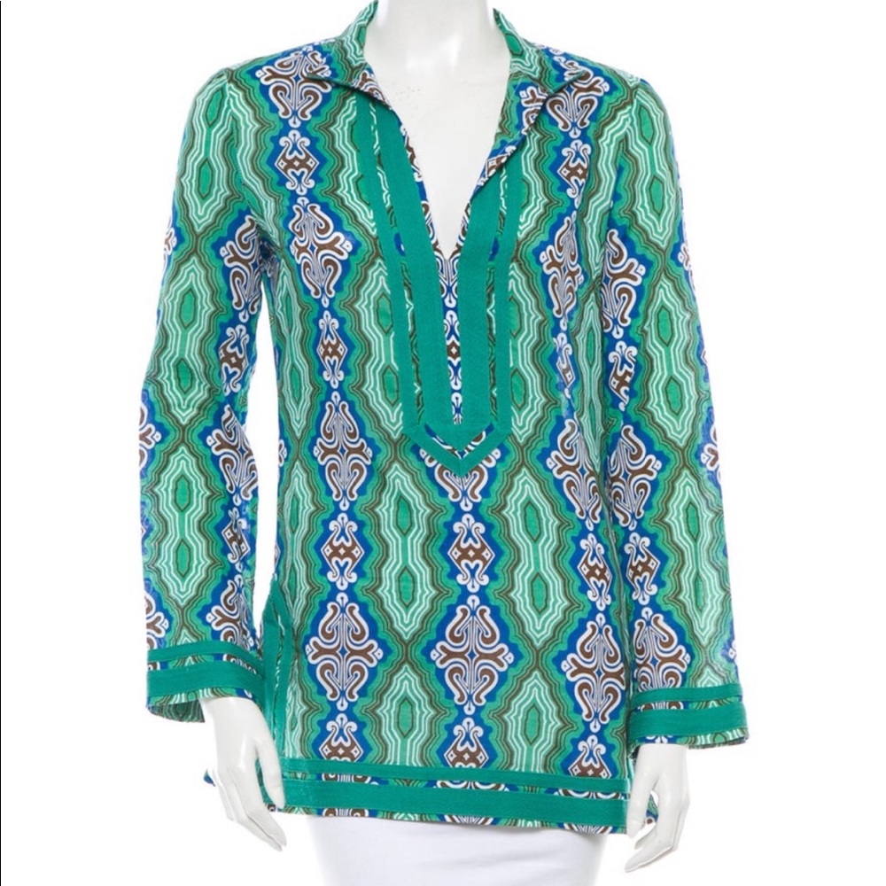 Tory Burch Blue Patterned Tunic Top